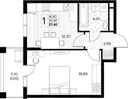 Продается 1-комн. квартира, 35.9 м²