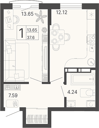 Продается 1-комн. квартира, 37.6 м²