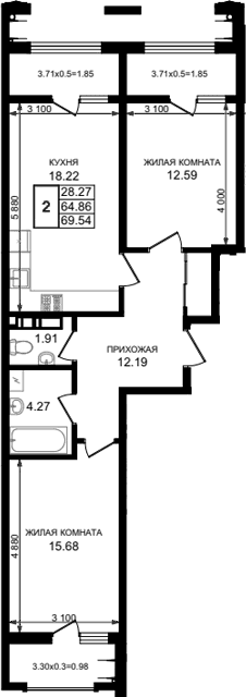 Продается 2-комн. квартира, 64.86 м²