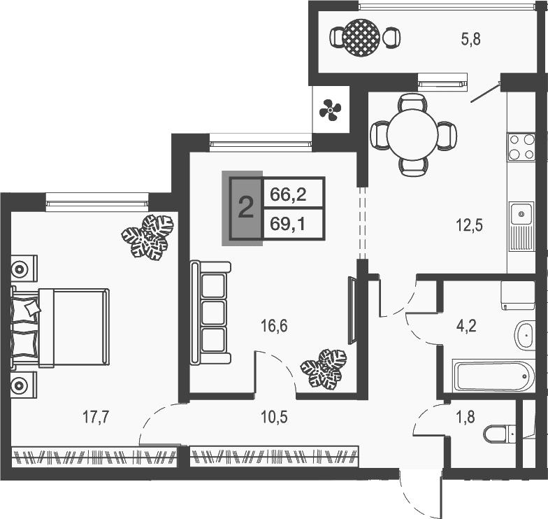 Продается 2-комн. квартира, 63.3 м²