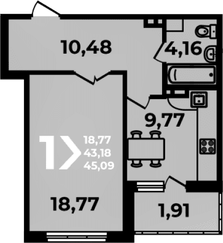 Продается 1-комн. квартира, 43.18 м²