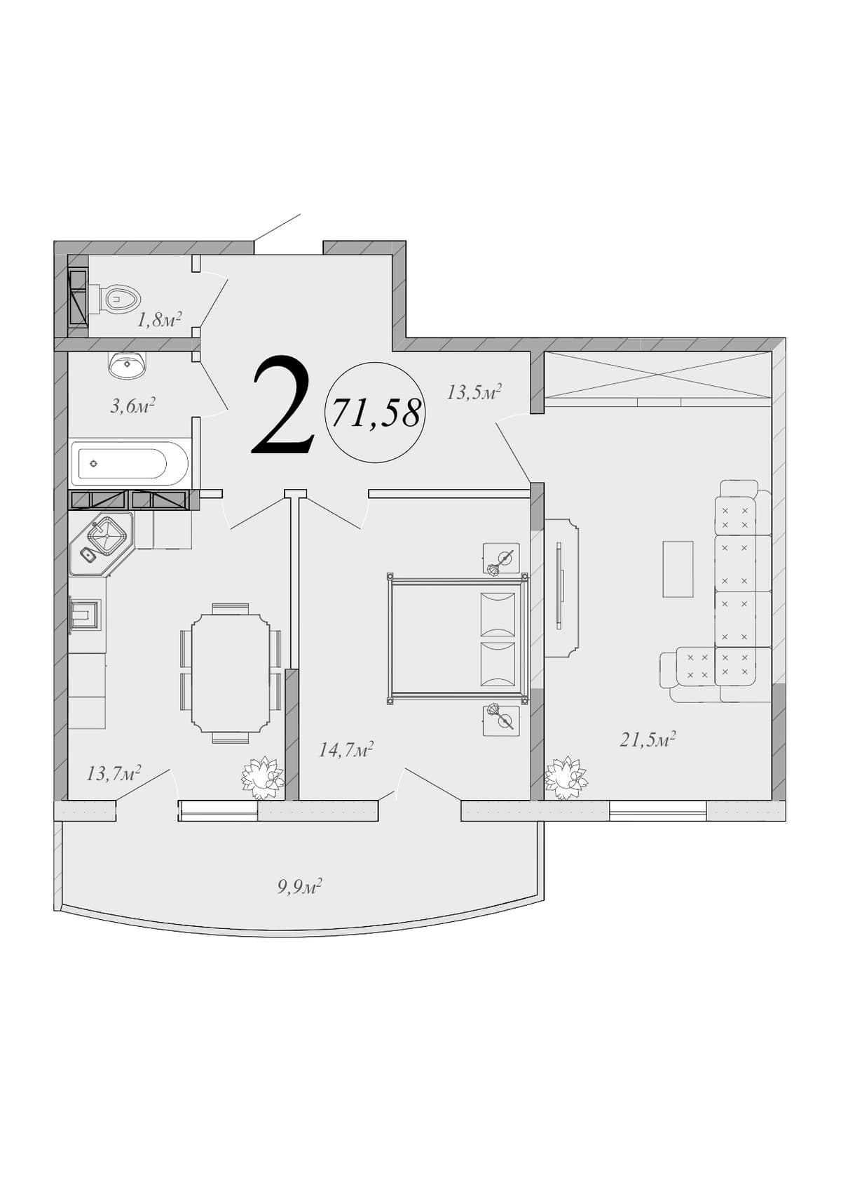 Продается 2-комн. квартира, 68.61 м²