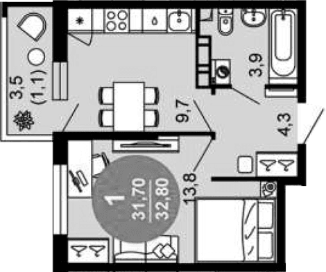 Продается 1-комн. квартира, 31.7 м²