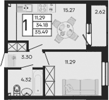Продается 1-комн. квартира, 34.18 м²