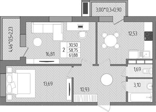 Продается 2-комн. квартира, 58.75 м²