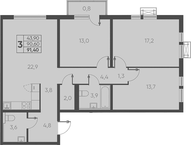 Продается 3-комн. квартира, 90.6 м²