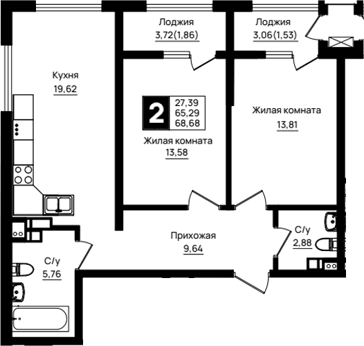 Продается 2-комн. квартира, 65.29 м²
