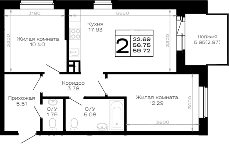 Продается 2-комн. квартира, 56.75 м²