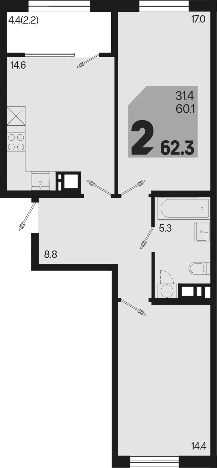 Продается 2-комн. квартира, 60.1 м²