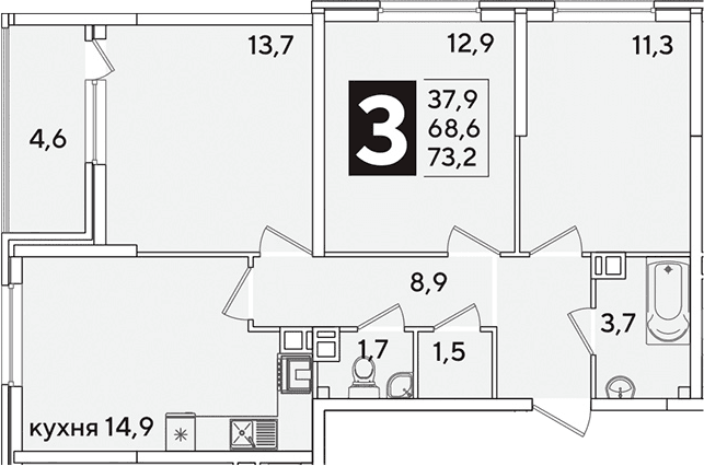 Продается 3-комн. квартира, 68.6 м²