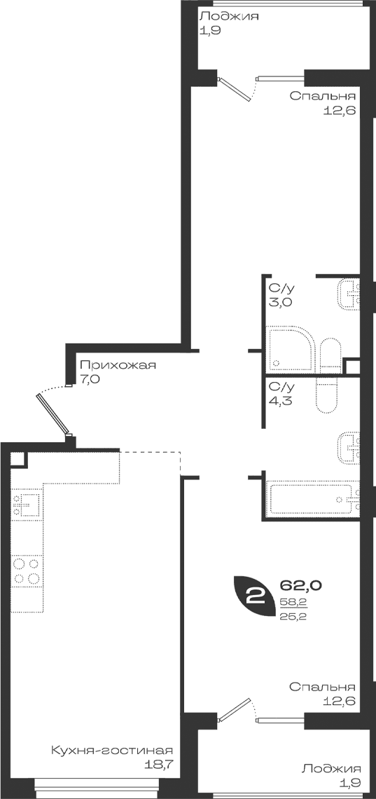 Продается 2-комн. квартира, 58.2 м²