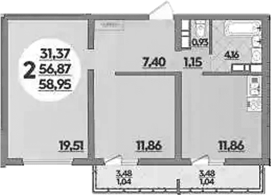 Продается 2-комн. квартира, 56.87 м²