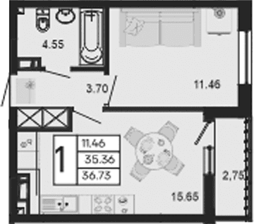 Продается 1-комн. квартира, 35.36 м²