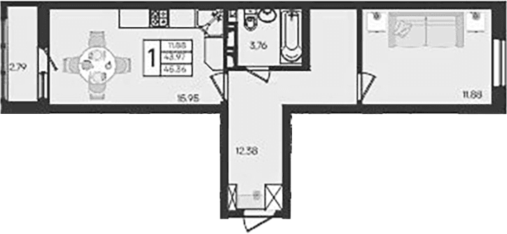 Продается 1-комн. квартира, 43.96 м²