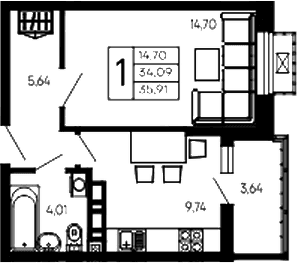 Продается 1-комн. квартира, 34.09 м²