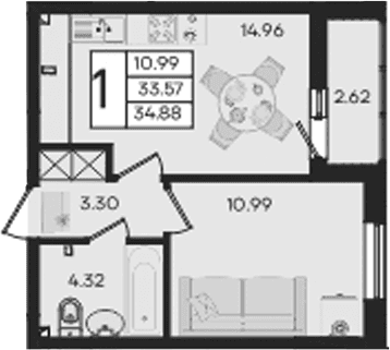 Продается 1-комн. квартира, 33.57 м²
