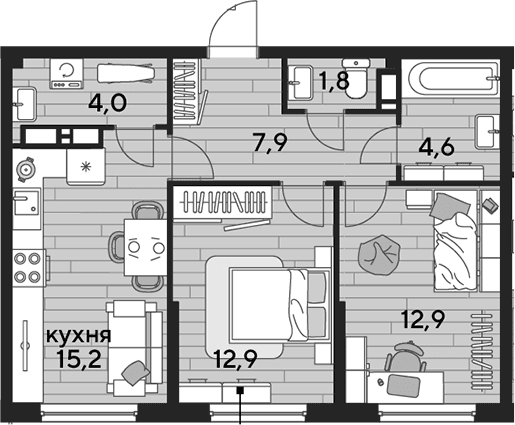 Продается 2-комн. квартира, 59.3 м²