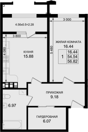 Продается 1-комн. квартира, 54.54 м²