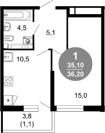 Продается 1-комн. квартира, 35.1 м²