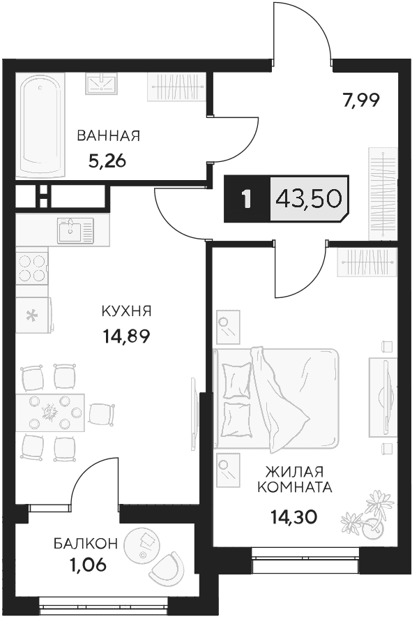 Продается 1-комн. квартира, 42.44 м²