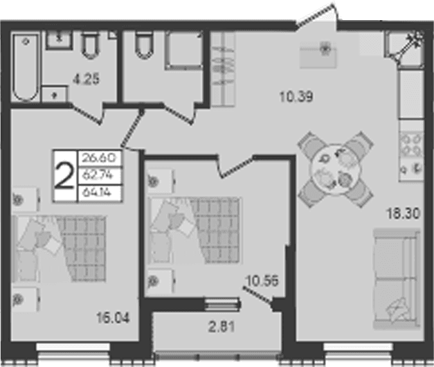 Продается 2-комн. квартира, 62.73 м²