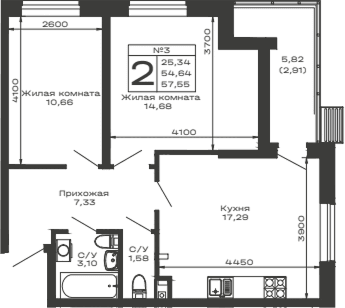 Продается 2-комн. квартира, 54.64 м²