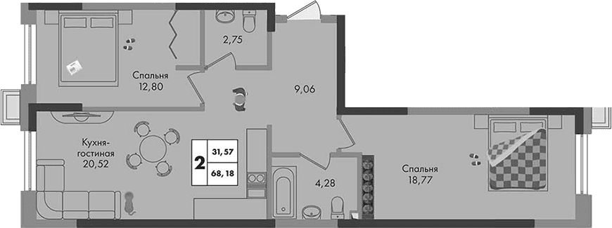 Продается 2-комн. квартира, 68.18 м²