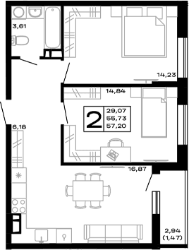 Продается 2-комн. квартира, 55.73 м²