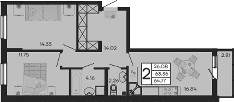 Продается 2-комн. квартира, 63.36 м²