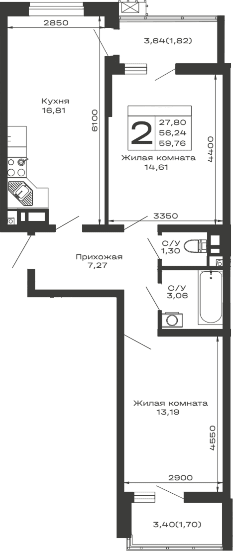 Продается 2-комн. квартира, 56.24 м²