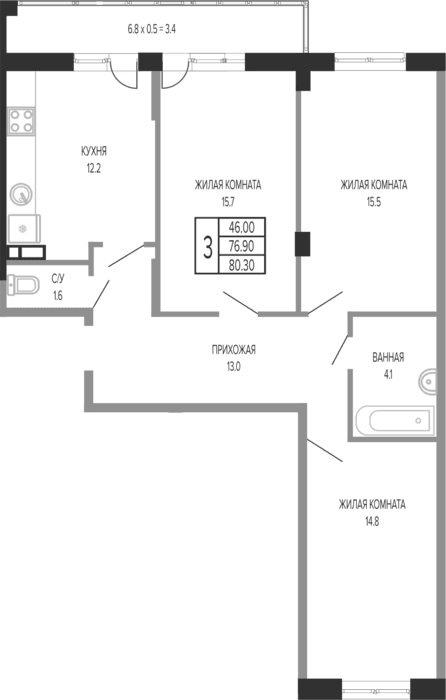 Продается 3-комн. квартира, 78.4 м²