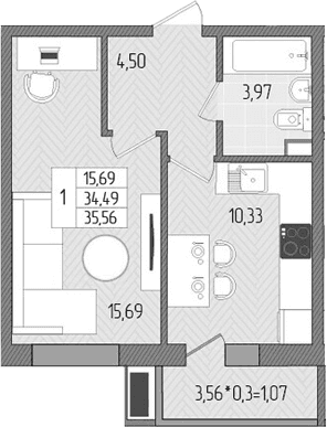 Продается 1-комн. квартира, 34.49 м²