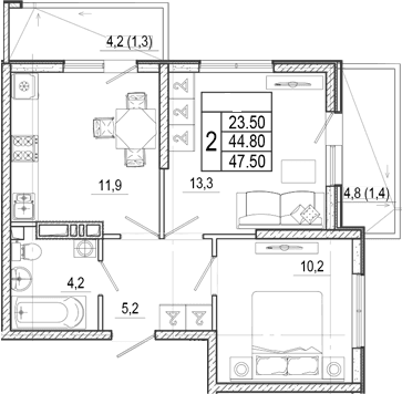 Продается 2-комн. квартира, 44.8 м²