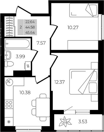 Продается 2-комн. квартира, 44.58 м²