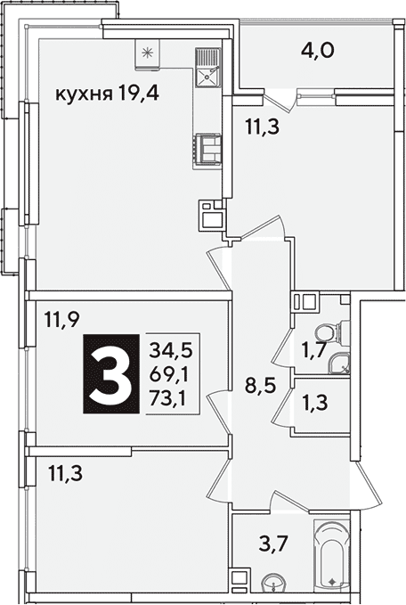 Продается 4-комн. квартира, 69.1 м²