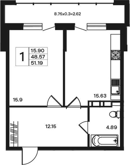 Продается 1-комн. квартира, 48.57 м²