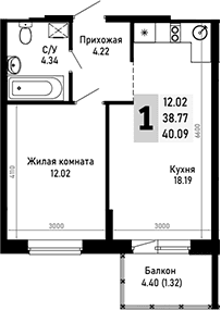 Продается 1-комн. квартира, 38.77 м²