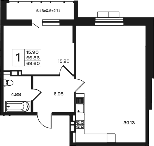 Продается 1-комн. квартира, 66.86 м²