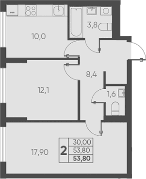 Продается 2-комн. квартира, 53.8 м²