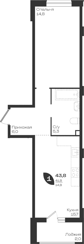 Продается 1-комн. квартира, 41.8 м²