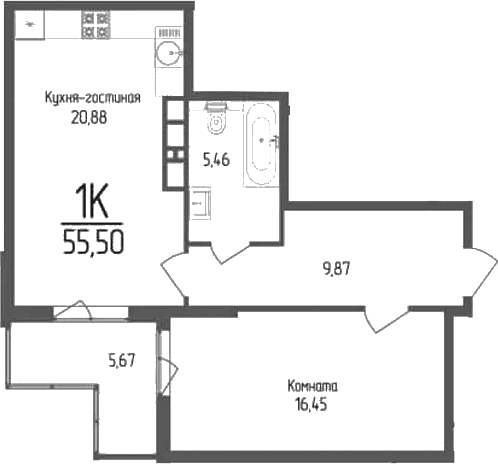 Продается 1-комн. квартира, 52.66 м²