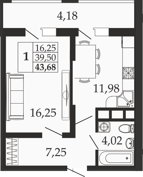 Продается 1-комн. квартира, 39.5 м²