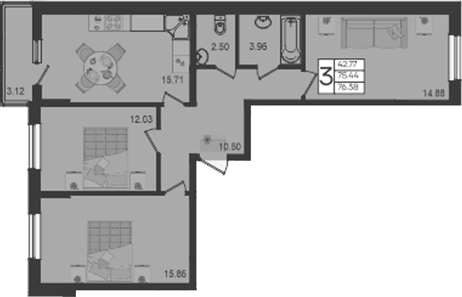 Продается 3-комн. квартира, 75.44 м²