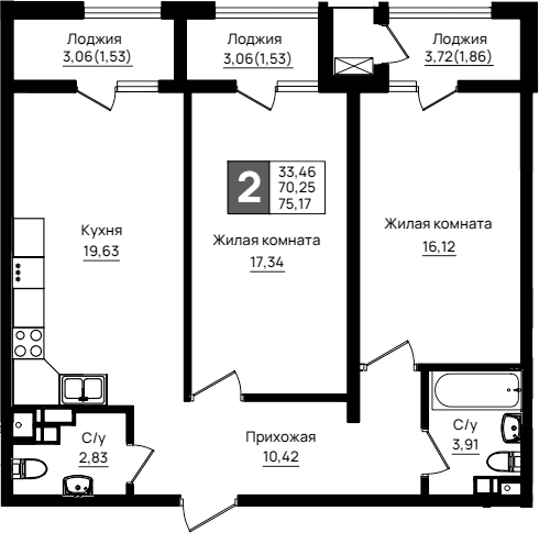 Продается 2-комн. квартира, 70.25 м²