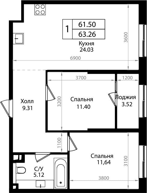 Продается 2-комн. квартира, 61.2 м²