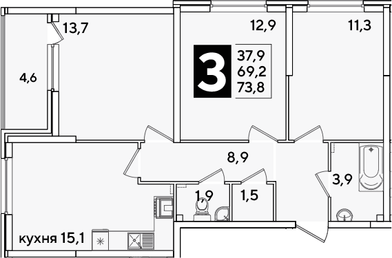 Продается 4-комн. квартира, 69.2 м²