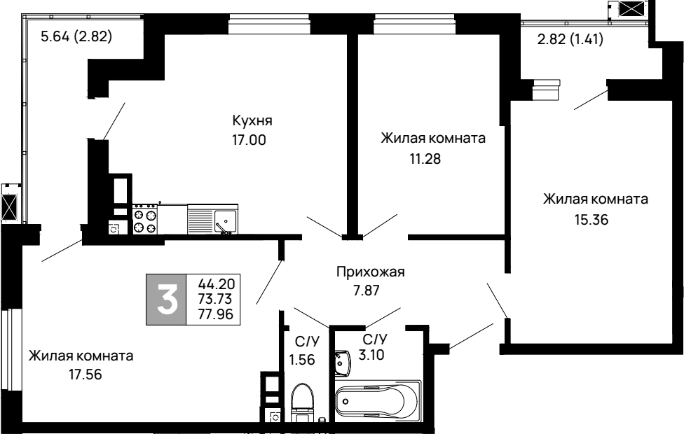 Продается 3-комн. квартира, 73.73 м²