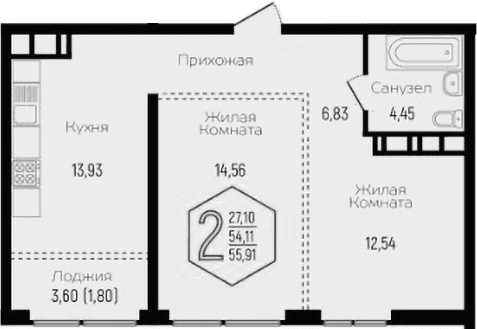 Продается 2-комн. квартира, 53.6 м²