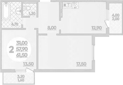 Продается 2-комн. квартира, 57.9 м²