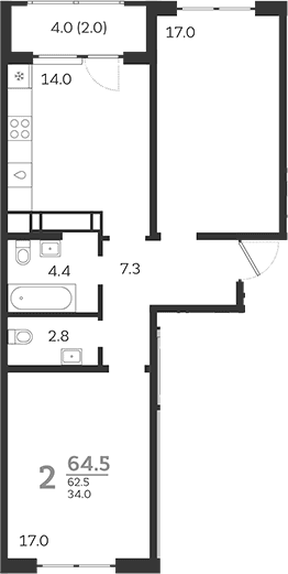 Продается 2-комн. квартира, 62.5 м²